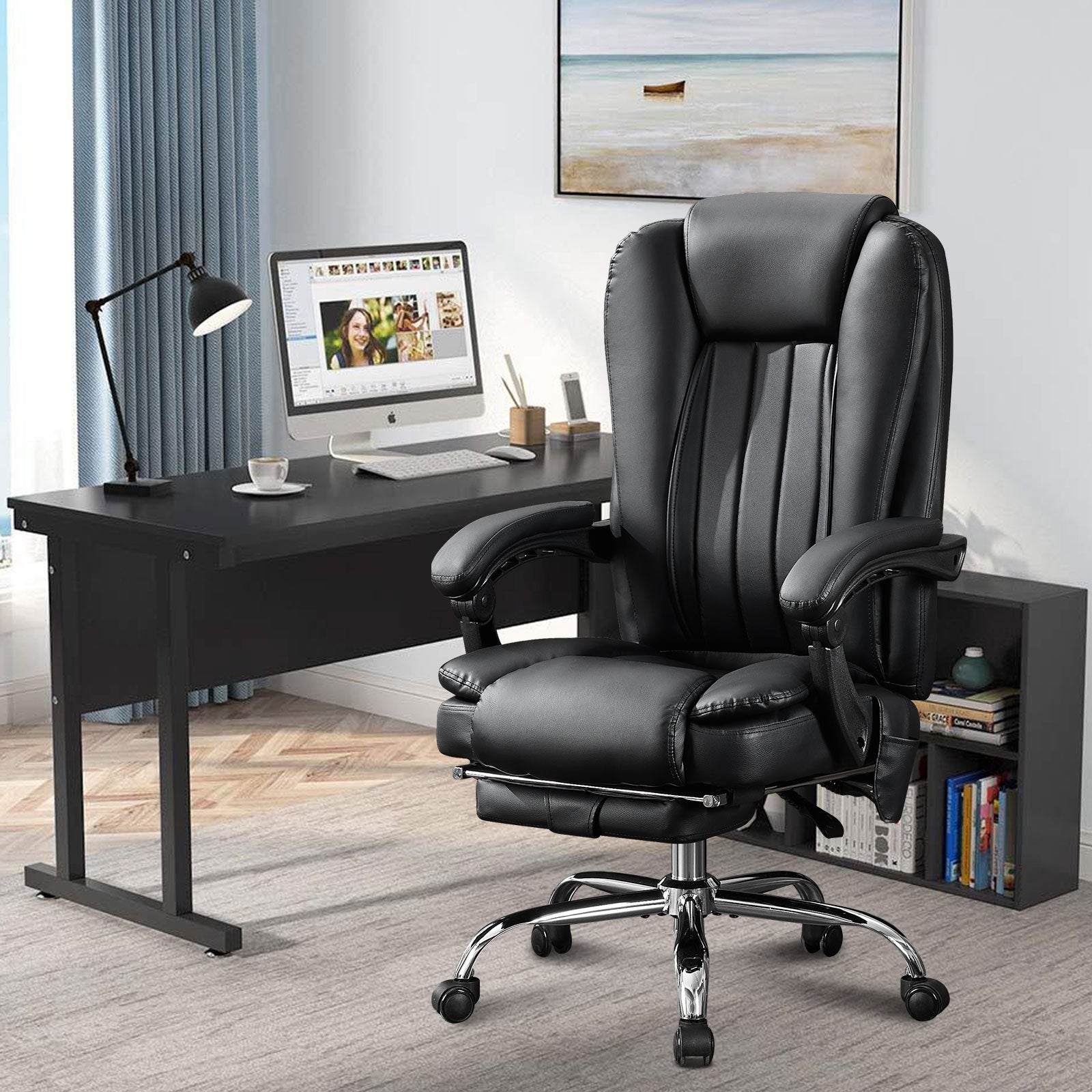 Massage Office Chair with Heat and 6 Vibration Points,Executive Office Chair with Foot Rest and Padded Armrests,Reclining Bac