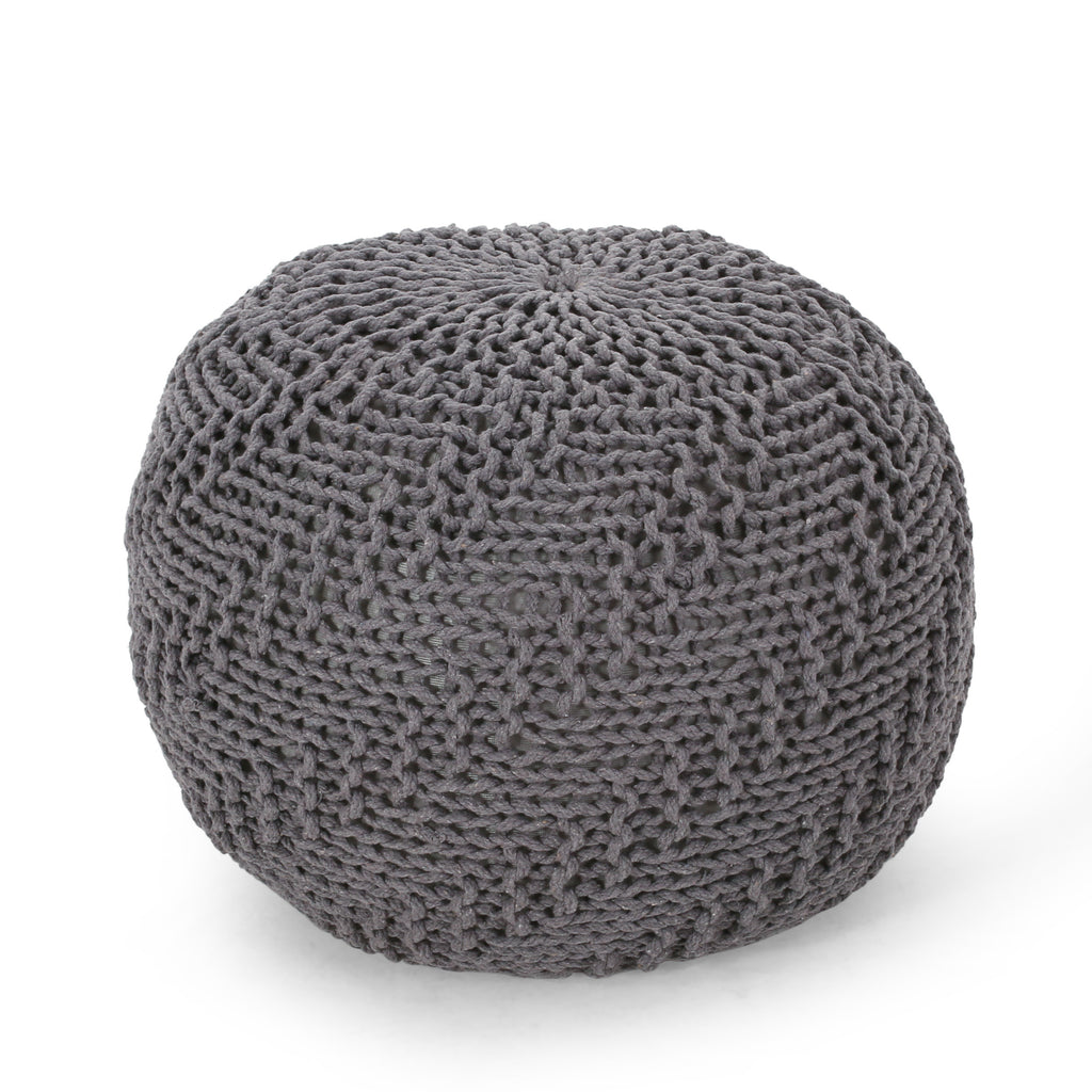 Hazel Modern Knitted Cotton Yarn Round Pouf with Eco-Friendly PET Fibers, Dark Grey, 20 x 20 inches - Grand Goldman Shop