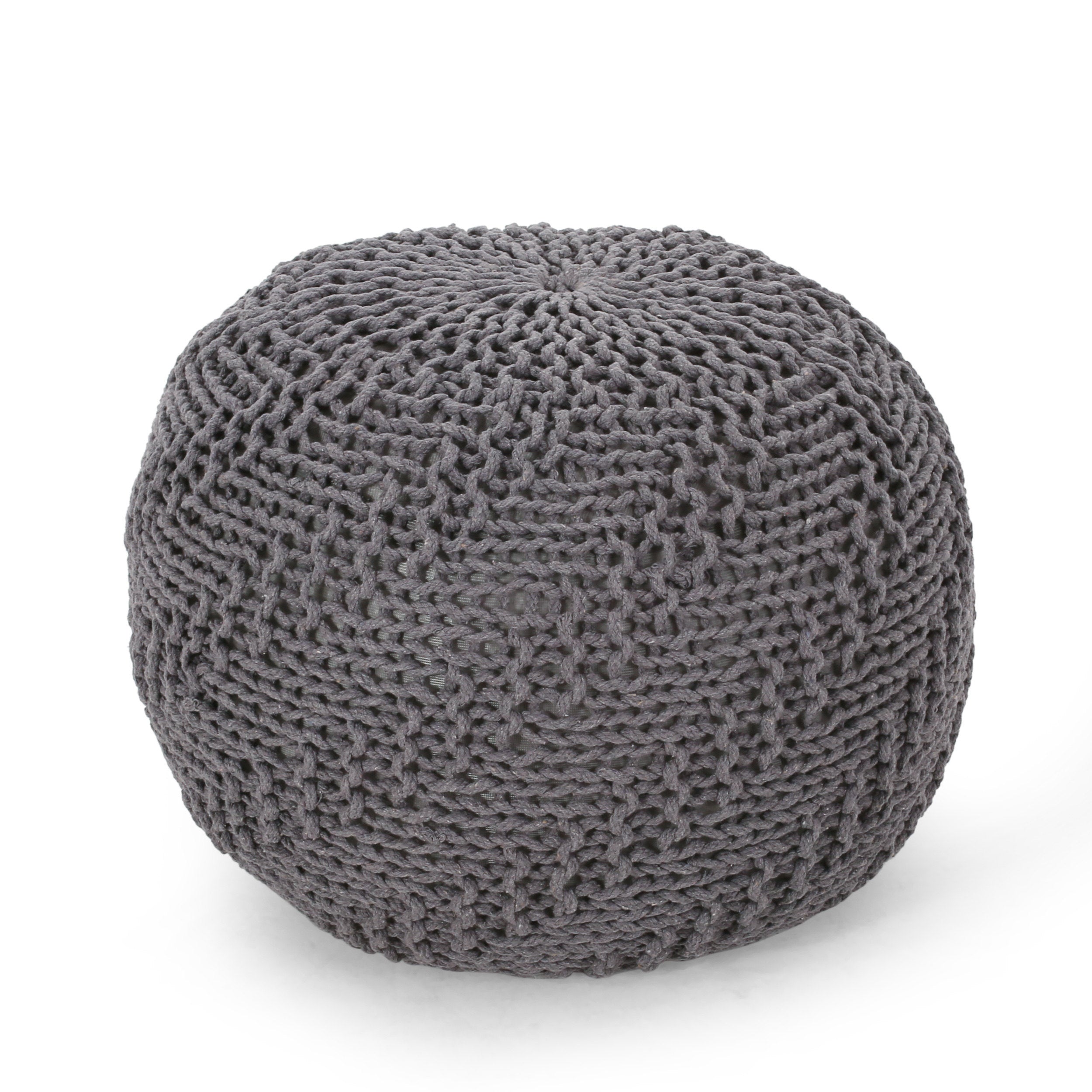 Hazel Modern Knitted Cotton Yarn Round Pouf with Eco-Friendly PET Fibers, Dark Grey, 20 x 20 inches - Grand Goldman Shop