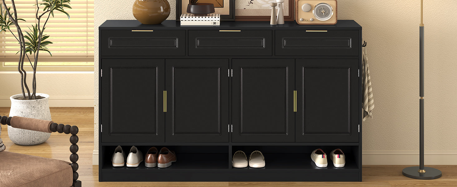 U-Style Farmhouse Sideboard with 3 Drawers & 4 Doors,59.1' Multi-Functional Storage Buffet with Adjustable Shelf and Open Storage Compartments, Suitable for Dining Room, Living Room, Entryway. - Grand Goldman Shop