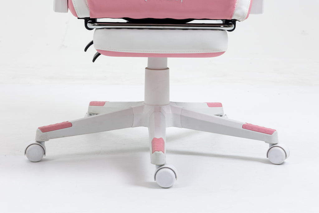 Cat Ears Pink Gaming Chair - Pink PU Leather Ergonomic Reclining Office Chair with Footrest, 310lb Capacity, 6-Position Recli