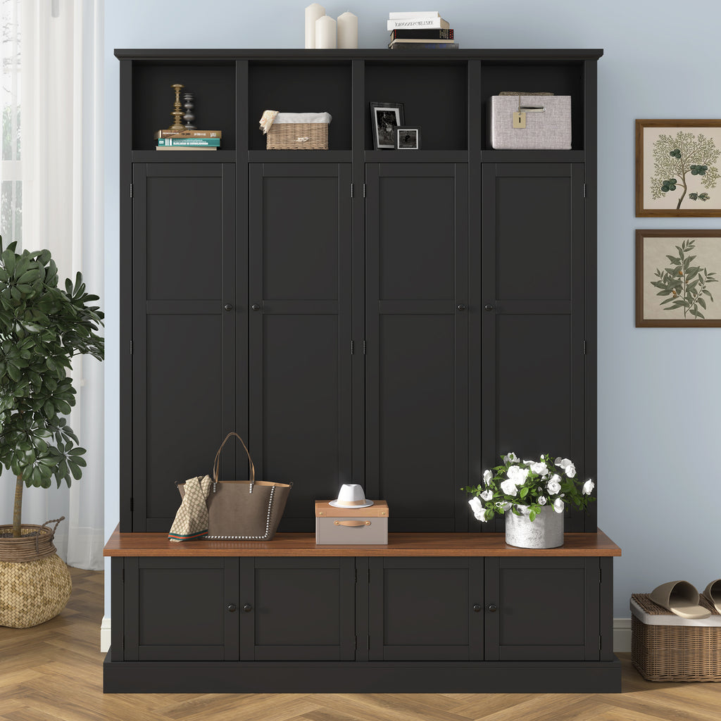 76.7''H Farmhouse Hall Tree with Bench and Cabinet, 4-in-1 Entryway Bench with Coat Rack, Modern Entryway Storage Organizer with Open Cubbies & Hooks for Hallway, Entryway, Living Roo - Grand Goldman Shop