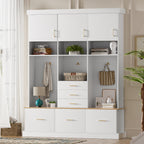 75'' H Entryway Hall Tree with Bench and Storage, 5-in-1 Modern Hall Tree with Coat Rack, 6 Drawers, 3 Cabinets and 3-Tier Top Storage for Hallway, Entryway, Living Room, Mudroom - Grand Goldman Shop