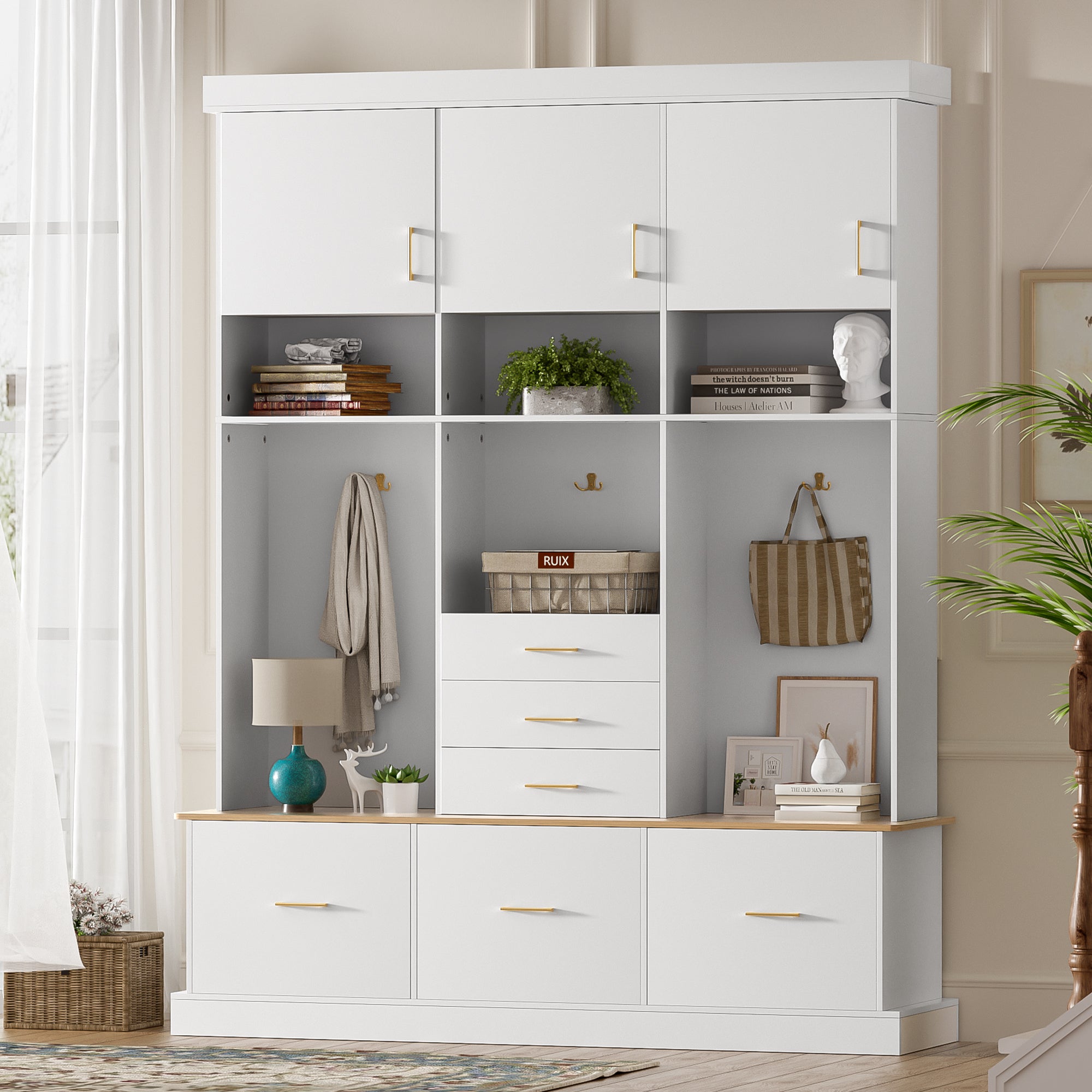 75'' H Entryway Hall Tree with Bench and Storage, 5-in-1 Modern Hall Tree with Coat Rack, 6 Drawers, 3 Cabinets and 3-Tier Top Storage for Hallway, Entryway, Living Room, Mudroom - Grand Goldman Shop