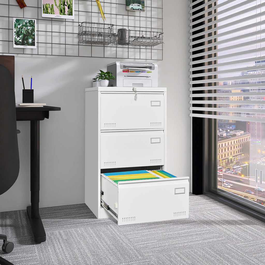 Contemporary White Metal Lateral File Cabinet with Lock, 3 Drawer Office Storage for Legal/Letter/A4/F4 - Grand Goldman