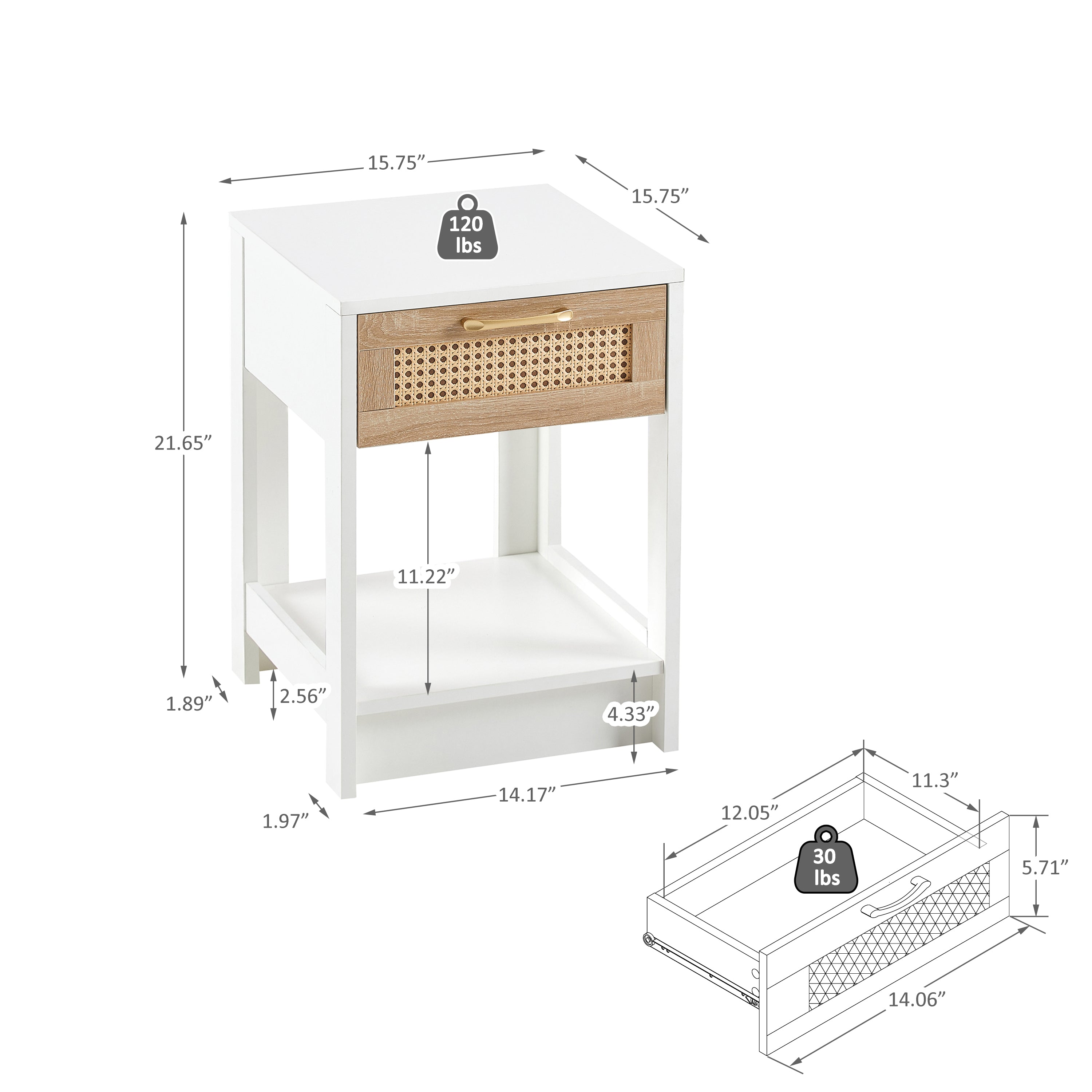 Modern Rattan End Table with Drawer, White MDF and Rattan, 15.75' Square - Grand Goldman Shop
