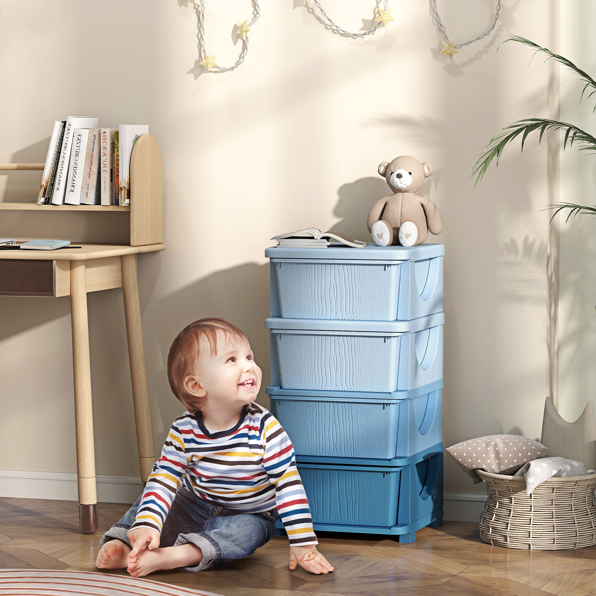 Qaba 4 Tier Kids Storage Unit, 4 Drawer Chest Toy Organizer Plastic Bins for Kids Bedroom Nursery Kindergarten Living Room fo