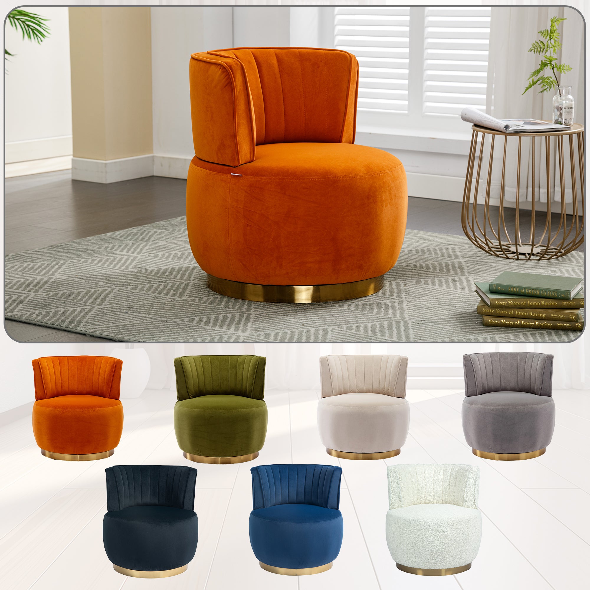 360 Degree Swivel Cuddle Barrel Accent Sofa Chair, Fluffy Velvet Round Armchair, Orange, 25.20'' x 25.59'' x 26.38'' - Grand Goldman Shop