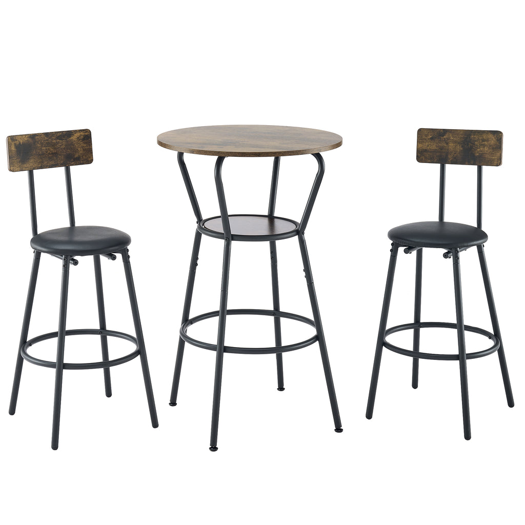 Rustic Brown Round Bar Table and Stool Set with Shelf, Upholstered Stool with Backrest, Metal & Wood, 24.17'W x 24.17'D x 36.02'H - Grand Goldman Shop