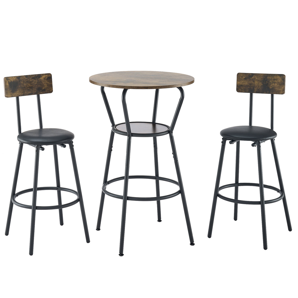Rustic Brown Round Bar Table and Stool Set with Shelf, Upholstered Stool with Backrest, Metal & Wood, 24.17'W x 24.17'D x 36.02'H - Grand Goldman Shop