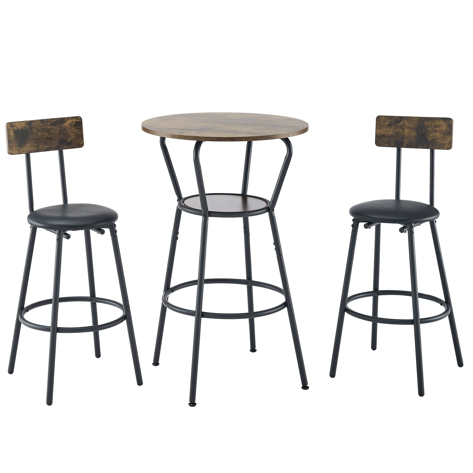 Rustic Brown Round Bar Table and Stool Set with Shelf, Upholstered Stool with Backrest, Metal & Wood, 24.17'W x 24.17'D x 36.02'H - Grand Goldman Shop