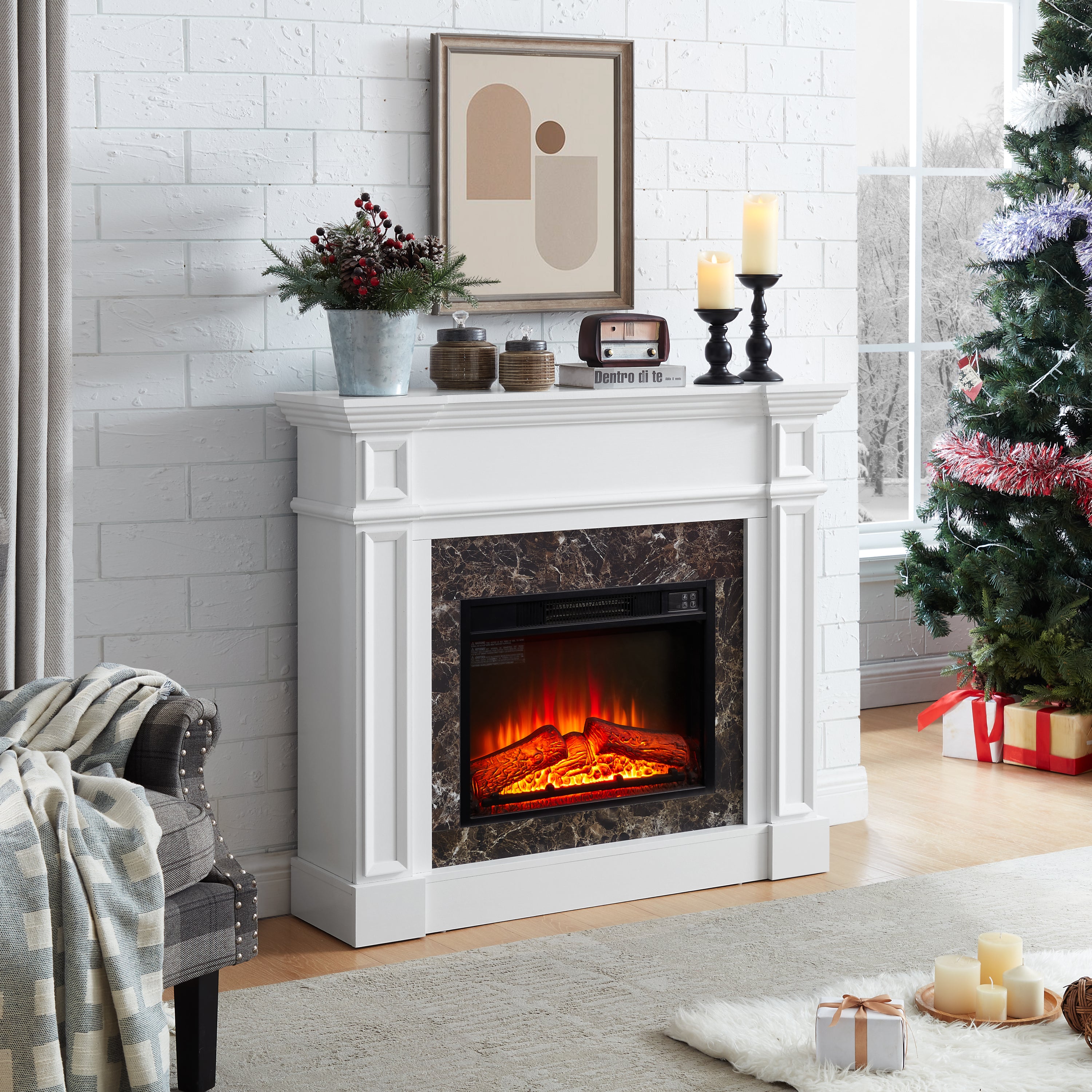 Electric Fireplace with Mantel, Fireplace Mantel, Fireplace Heater Freestanding, Realistic Stacked Stone Surround with Remote Control Timer LED Flame, White, 45.66'W*11.8'D*40'H - Grand Goldman Shop