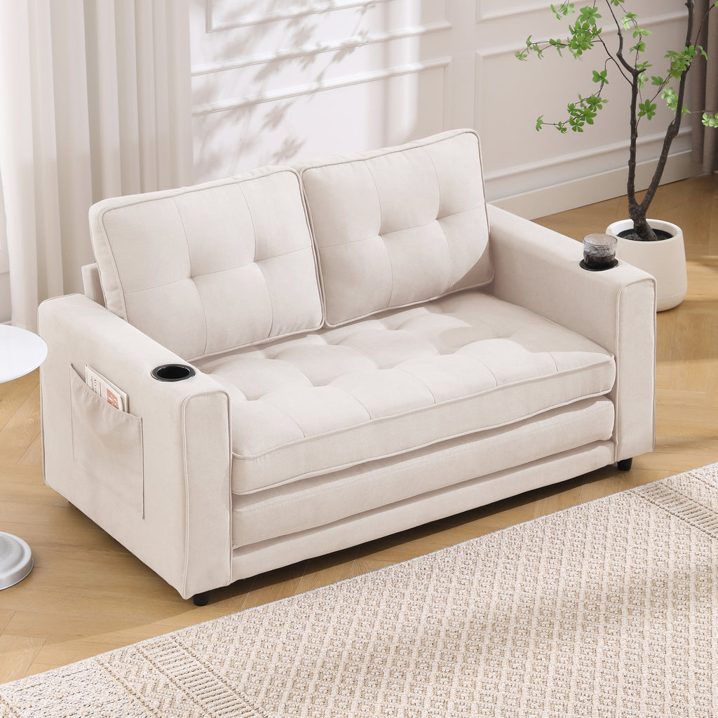 {VIDEO Provided}3-in-1 Upholstered Futon Sofa Convertible Sofa bed,Foldable Tufted Loveseat with Pull Out Sleeper Couch Bed,Folding Mattres Love Seat Daybed W/Side Pockets and Cup Holder, Beige - Grand Goldman Shop