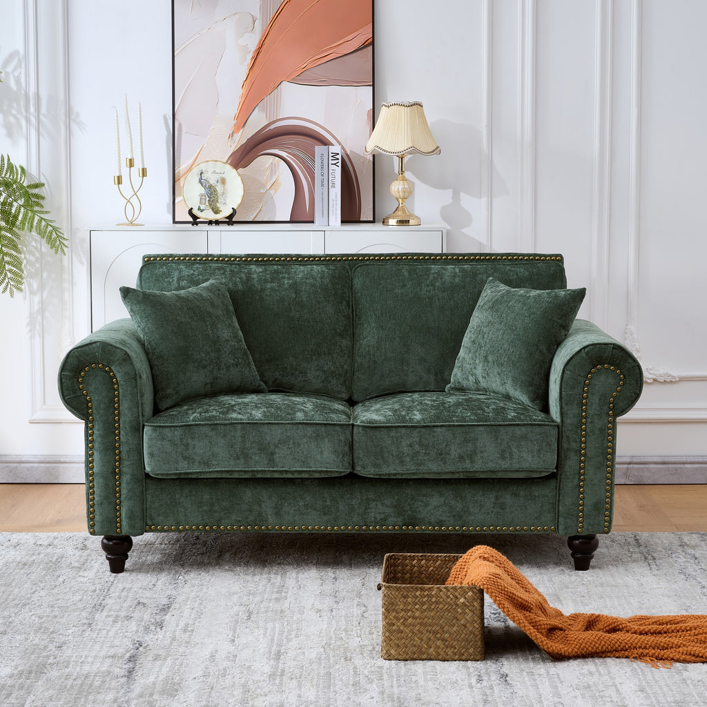 Modern 2-Seater Sofa with Rolled Arms, Tufted Upholstery, Wood Legs, Nailhead Trim, Beige Fabric, 63' - Grand Goldman Shop