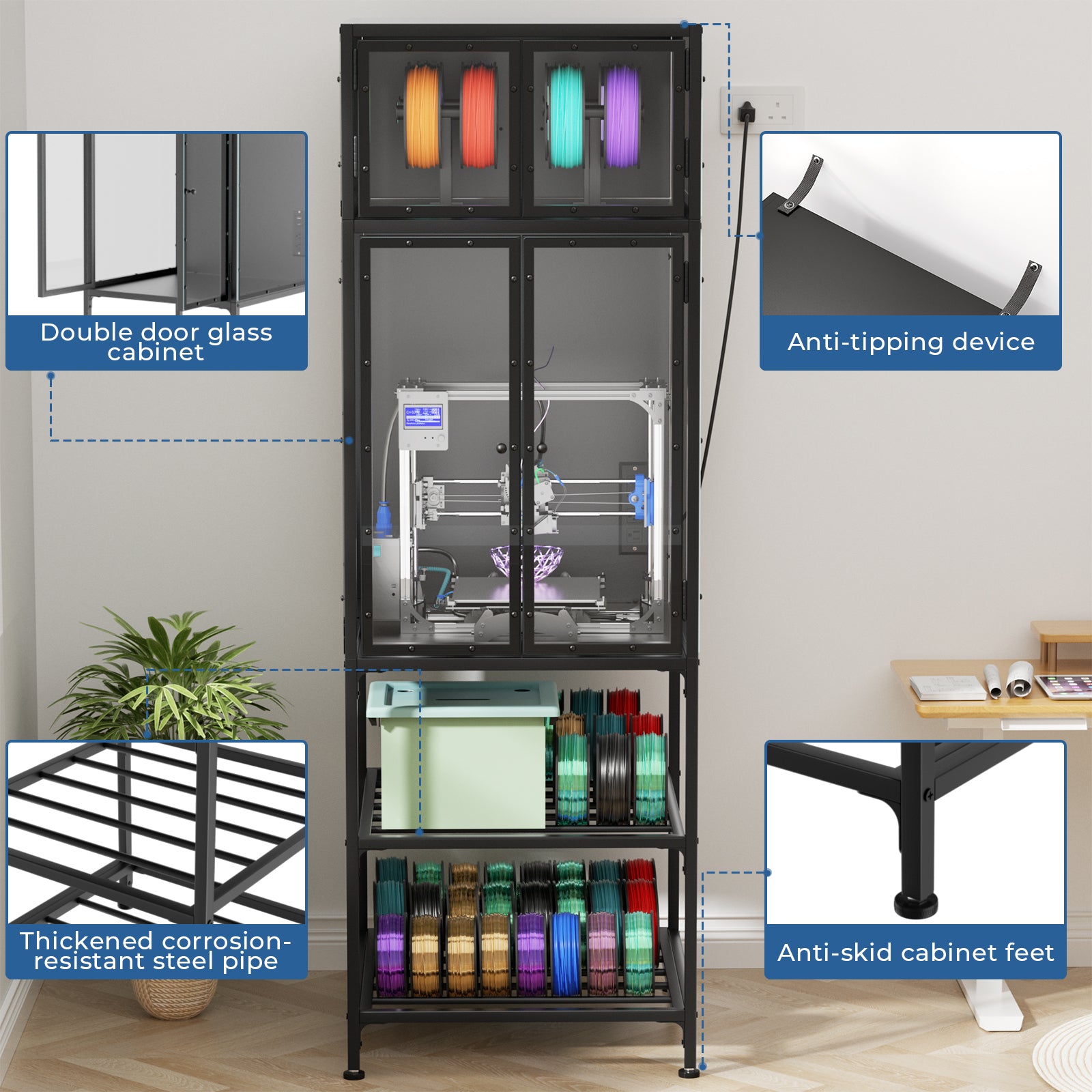 Black 3D Printer Cabinet with Double-Layer Filament Storage, T-Shaped Filament Bar, Noise-Reducing and Dust-Proof Design for Studio or Office Use - Grand Goldman Shop