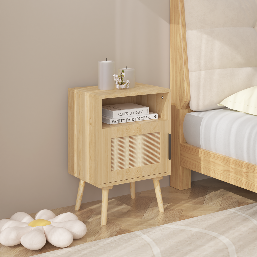 Oak Finish Rattan Nightstand with Solid Wood Legs, 22.83'' H Side Table with Door and Open Shelf for Bedroom, Dorm, and Small Spaces - Grand Goldman Shop