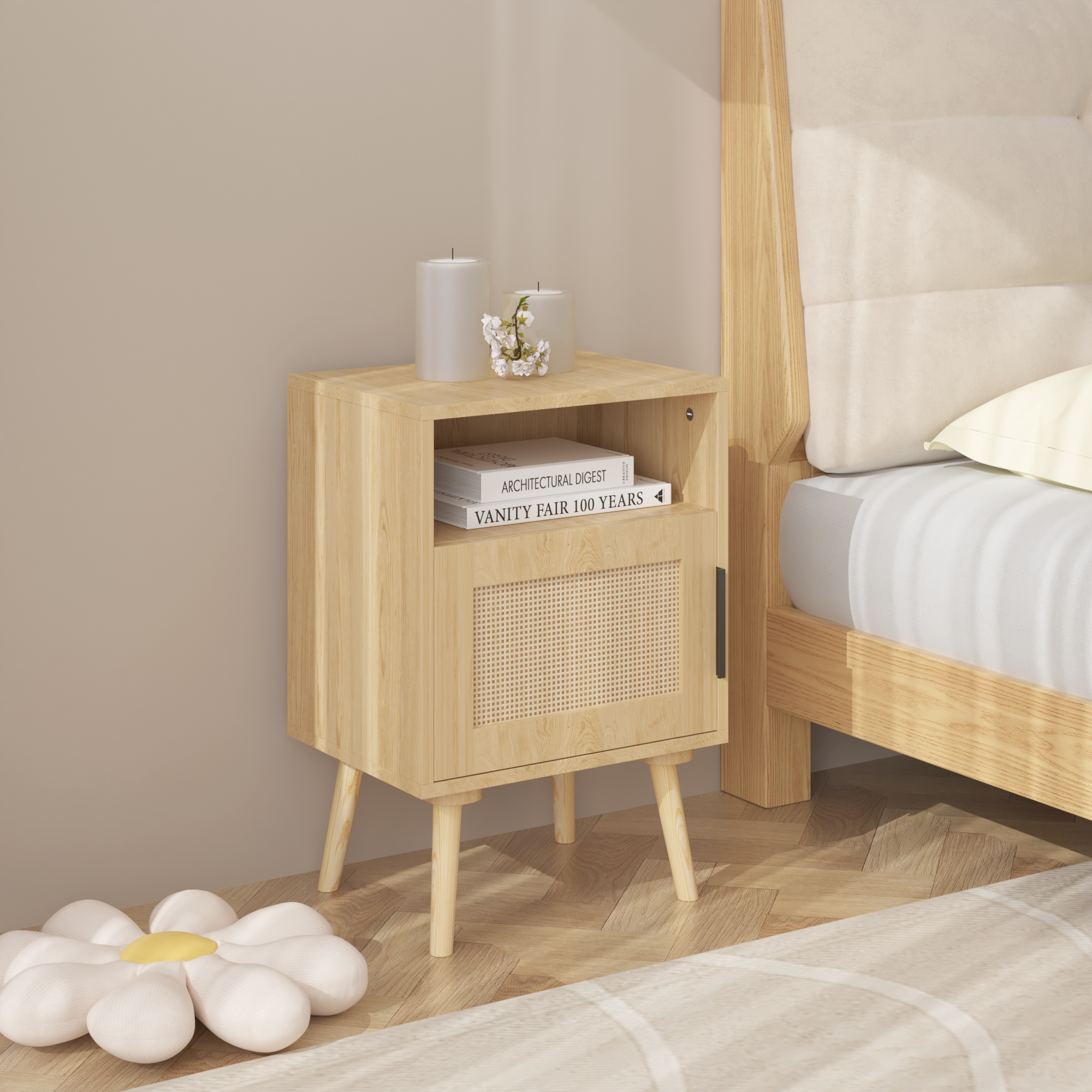 Oak Finish Rattan Nightstand with Solid Wood Legs, 22.83'' H Side Table with Door and Open Shelf for Bedroom, Dorm, and Small Spaces - Grand Goldman Shop