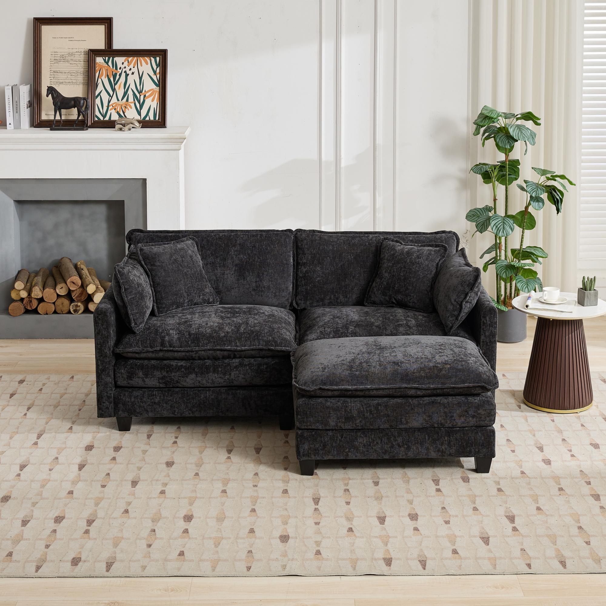 Cloud Sofa Ottoman only, Modern Sectional Couch, for Living Room Bedroom and Apartment, Comfy Double Layer Upholstered Seat Cushion, Breathable Chenille Fabric, Black - Grand Goldman Shop