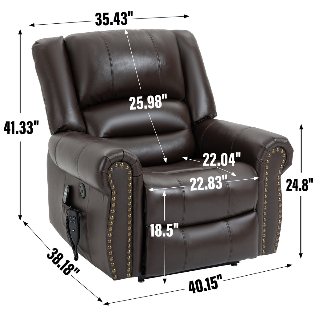 Power Lift Recliner Chair Heat Massage Dual Motor Infinite Position Up to 350 LBS, Genuine Leather, Heavy Duty Motion Mechanism with USB Ports, Brown - Grand Goldman Shop