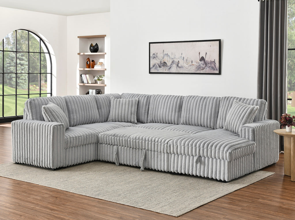 122 Inch Pull Out Couch, Rabbit plush Fabric Sofa Bed with USB Ports & Comfy Upholstered, Oversized U Shape Sectional Sleeper Sofa Bed with Storage Chaise, Grey - Grand Goldman Shop