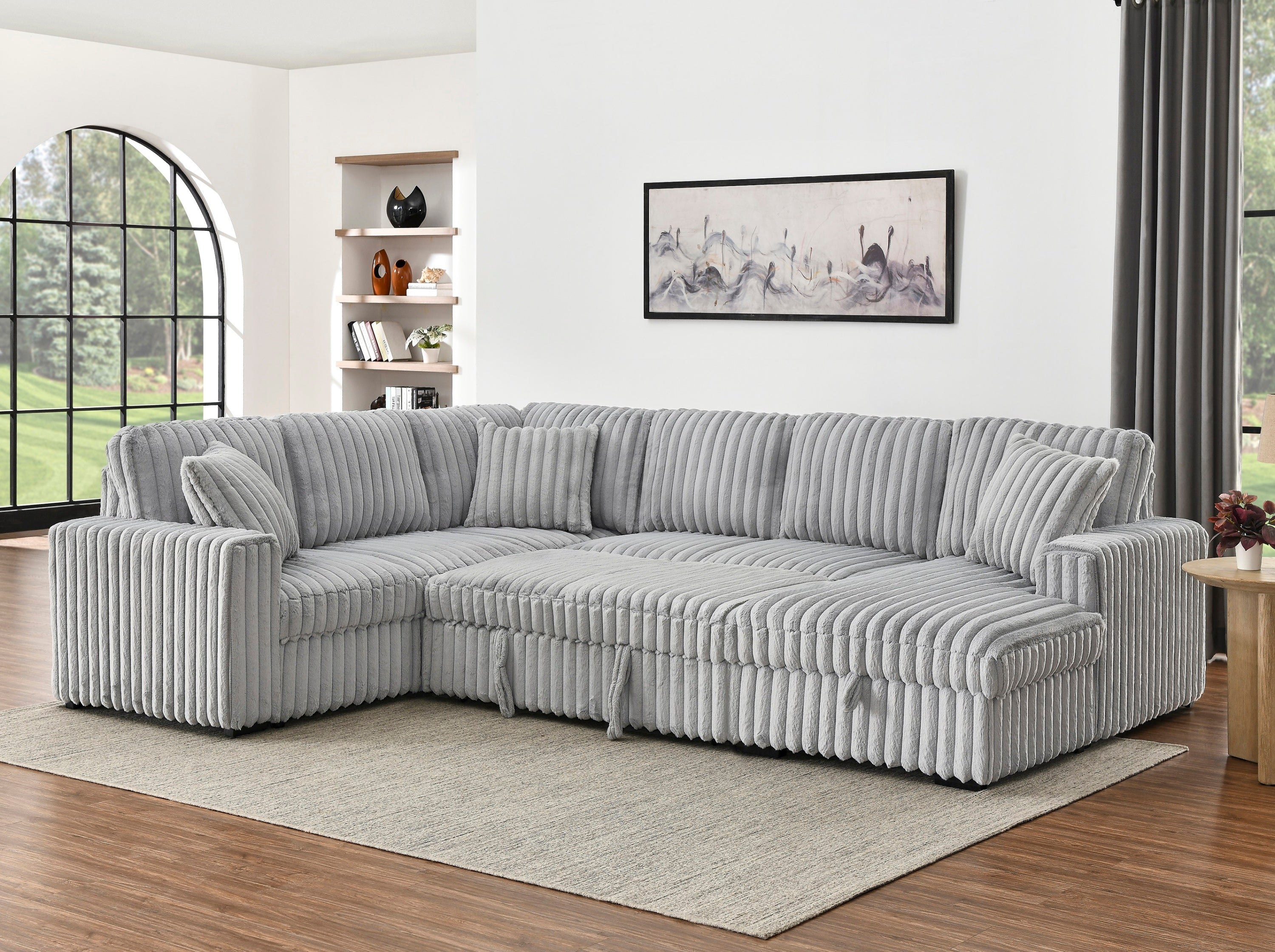 122 Inch Pull Out Couch, Rabbit plush Fabric Sofa Bed with USB Ports & Comfy Upholstered, Oversized U Shape Sectional Sleeper Sofa Bed with Storage Chaise, Grey - Grand Goldman Shop
