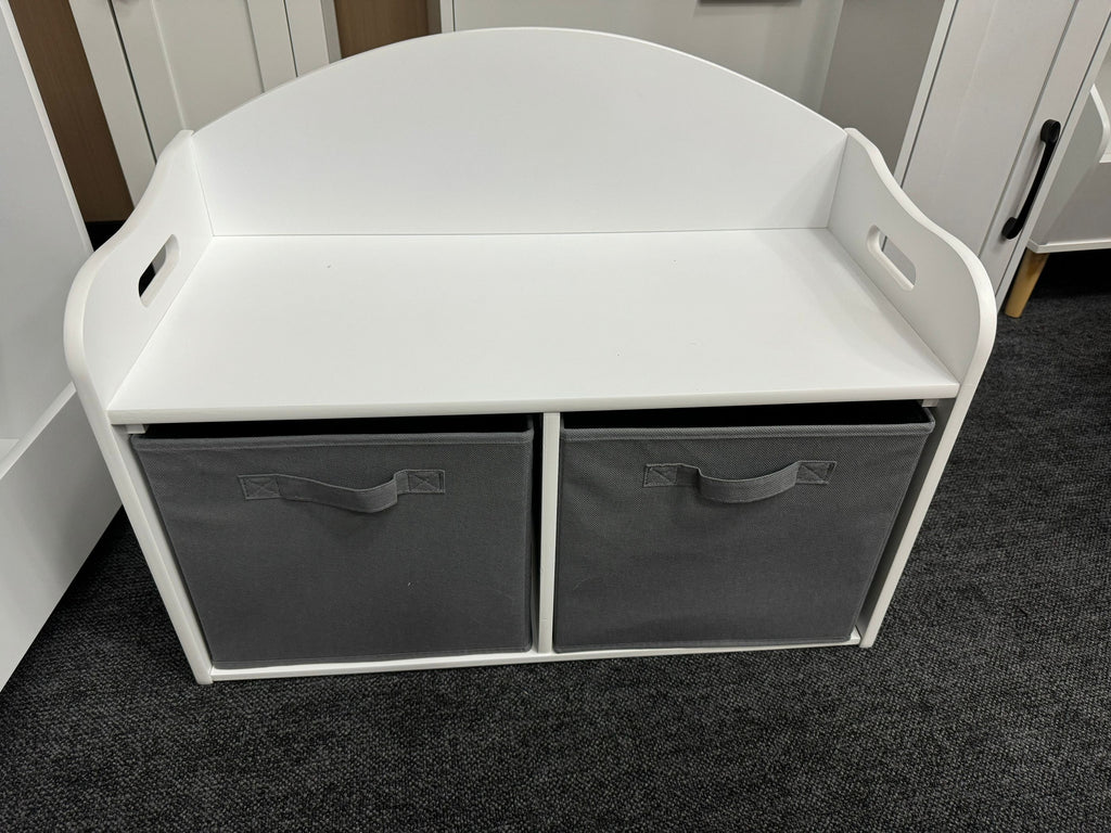 Kids Wooden Toy Box Bench with Collapsible Fabric Drawers, White MDF Storage Cabinet Organizer, 24.6 x 11.8 x 19.1 inches | P