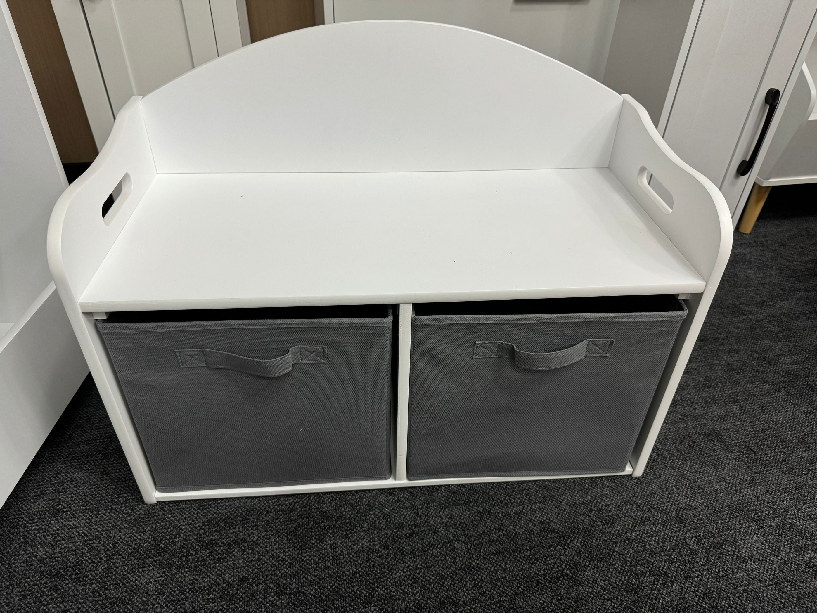 Kids Wooden Toy Box Bench with Collapsible Fabric Drawers, White MDF Storage Cabinet Organizer, 24.6 x 11.8 x 19.1 inches | P