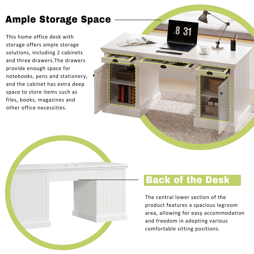 67' Modern Executive Desk,Computer Desk with 2 Wooden Doors Storage Cabinet and 3 Drawers, Rectangle Home Office Desk  ,Readi