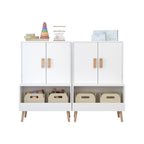 Kids Toy Storage Cabinet with Doors and Open Shelf, White Modern Wooden Organizer with Natural Wood Legs, Toddler Bookshelf f