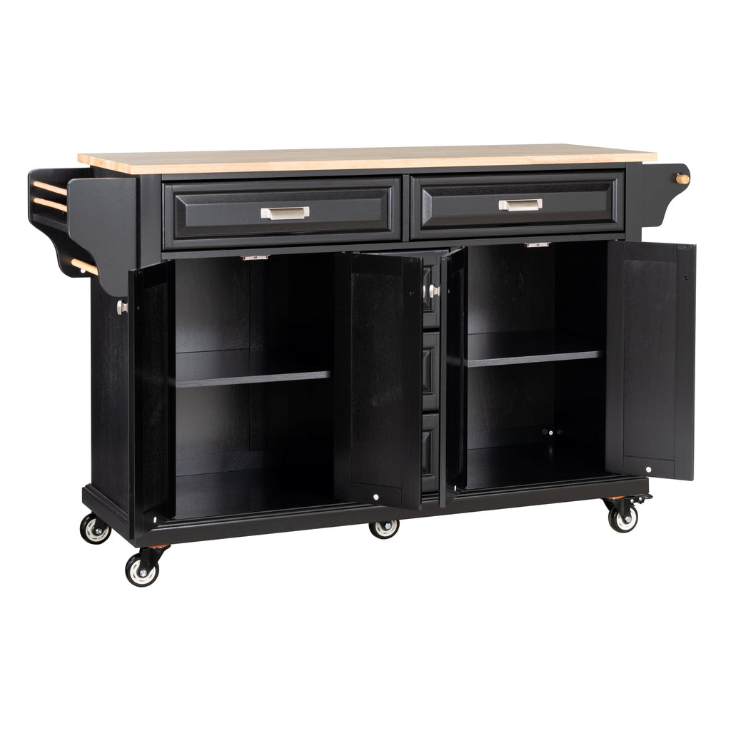 Kitchen Island with Rubber wood Countertop, Kitchen Cart on 5 Wheels with Storage Cabinet and 5 Drawers for Dinning Room, Black - Grand Goldman Shop