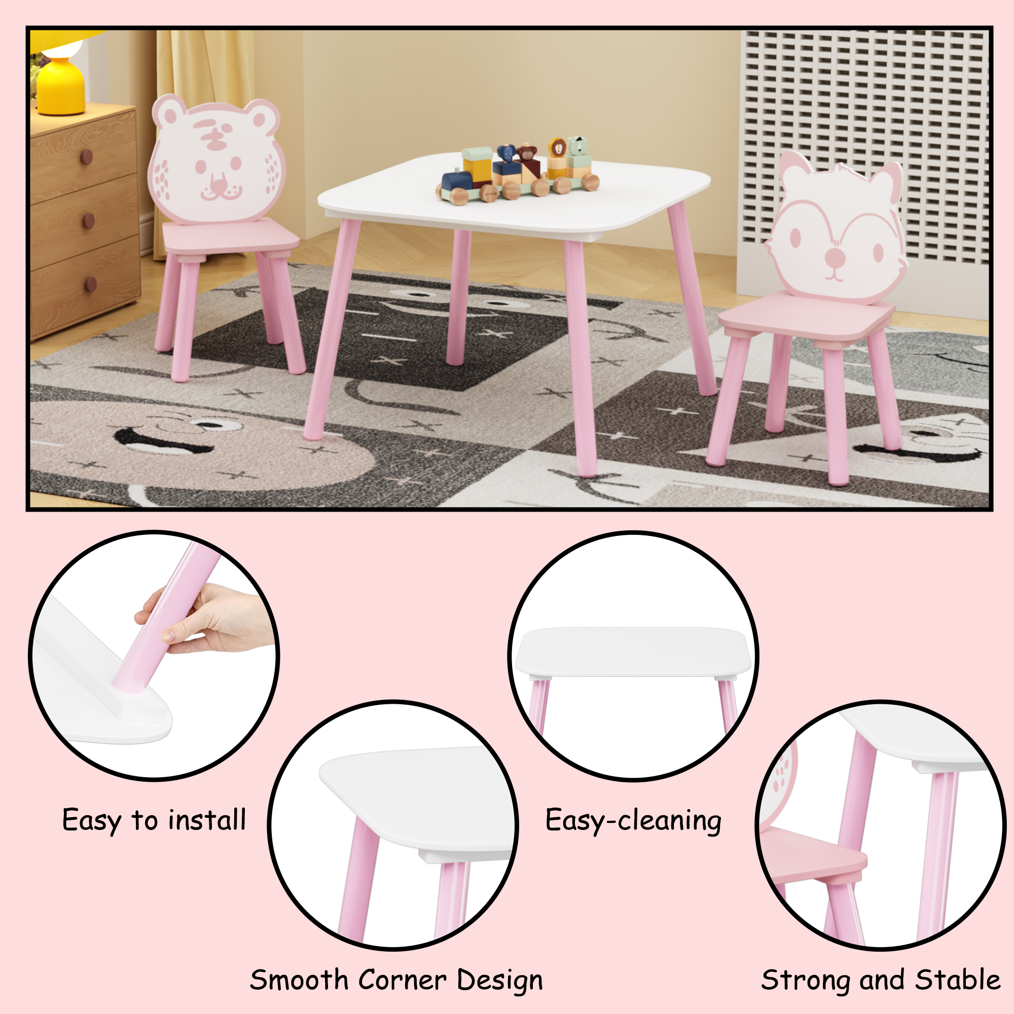 Kids Table and Chair Set, 3-Piece Wooden Toddler Desk with Animal Backrest, Activity Table for Drawing, Learning,Playroom or 