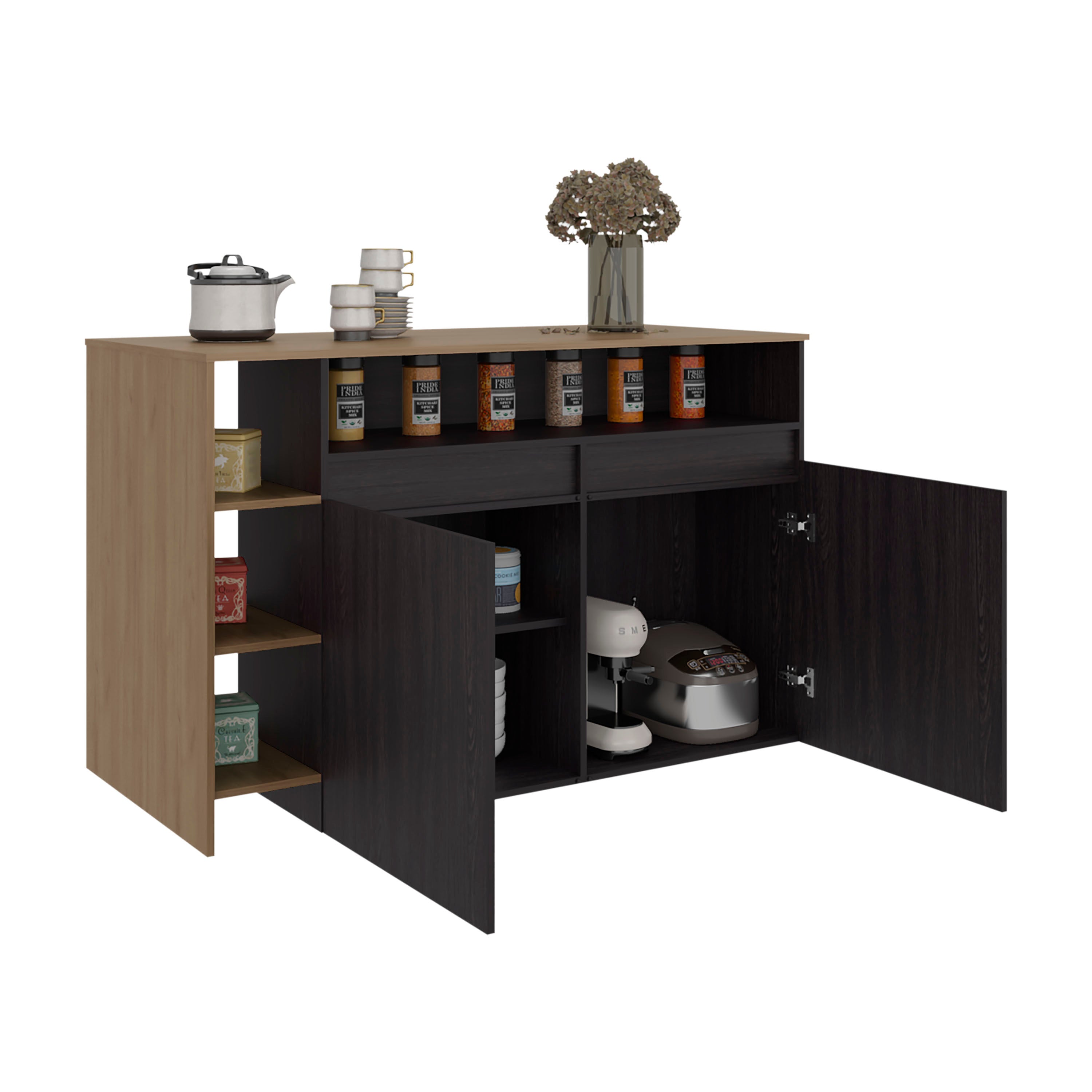 Elgin Kitchen Bar Counter with Ample Storage and Shelves, Black Wengue / Natural Oak - Grand Goldman Shop