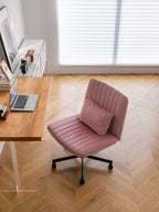 Light Pink Velvet Criss Cross Armless Office Chair with Wheels - Comfortable & Stylish for Home Office, Meditation, and Makeu