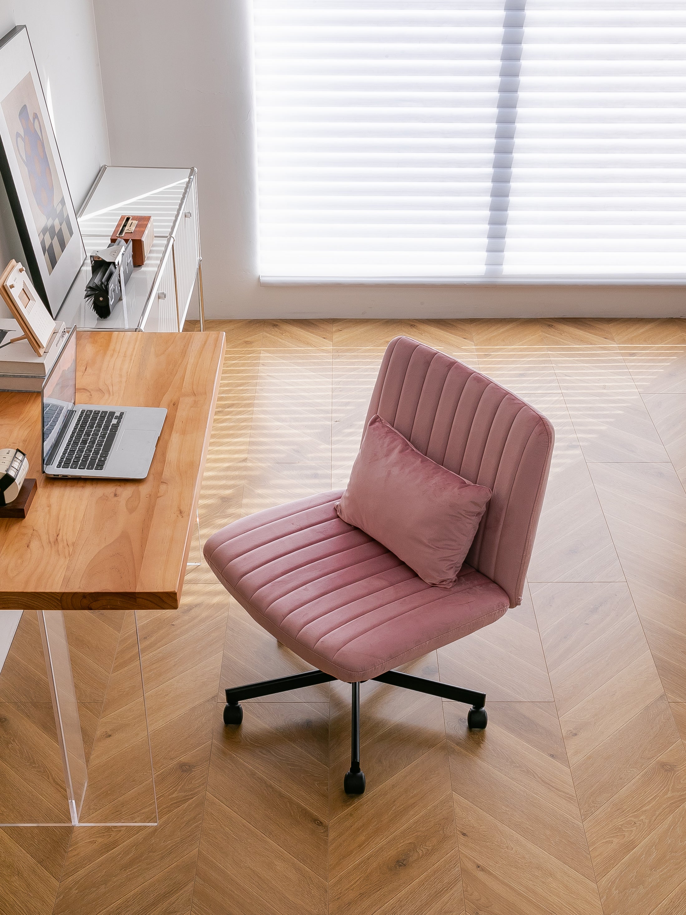 Light Pink Velvet Criss Cross Armless Office Chair with Wheels - Comfortable & Stylish for Home Office, Meditation, and Makeu
