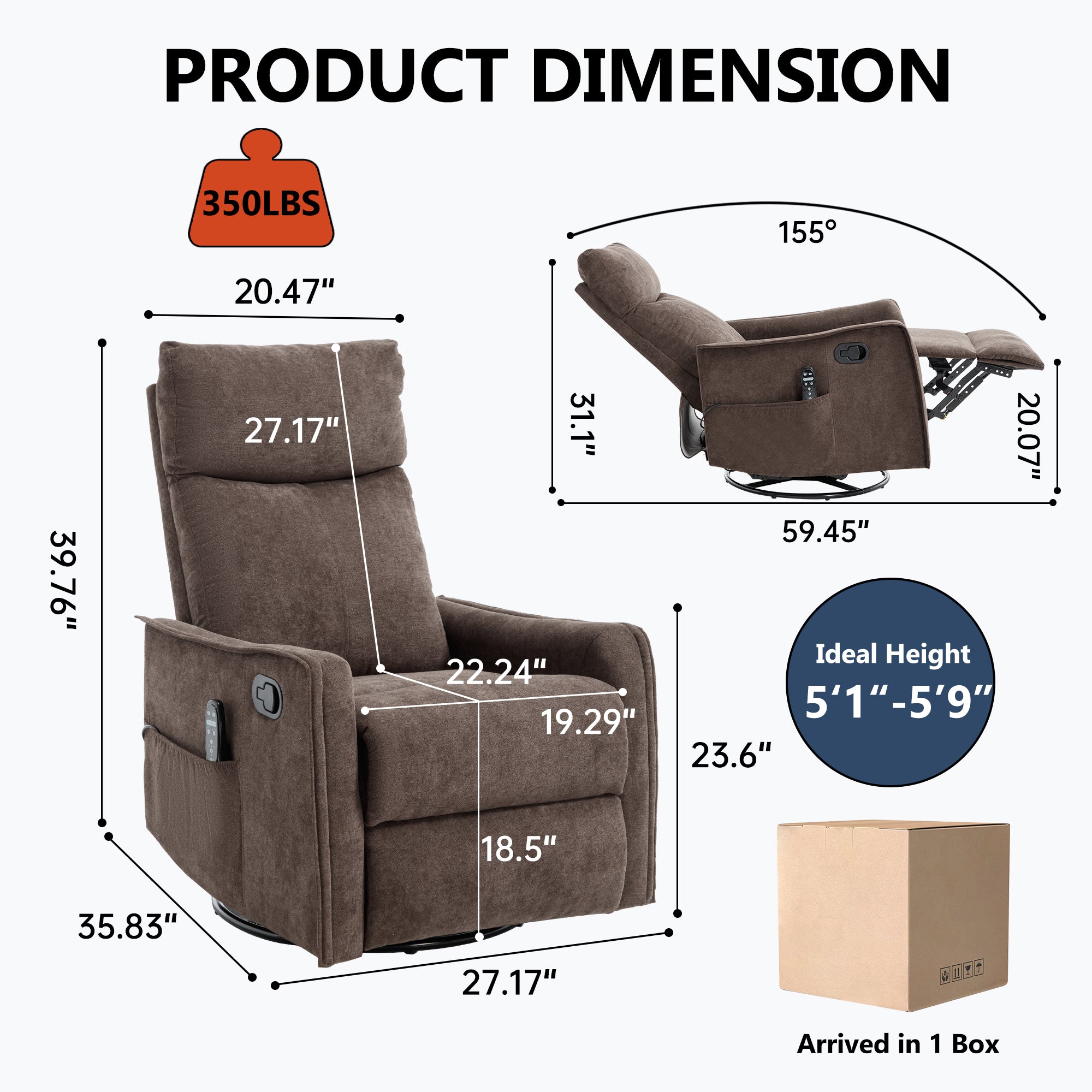 Heat Massage Manual Recliner Chair with Rocker and Swivel in Fabric for Living Room, Brown - Grand Goldman Shop