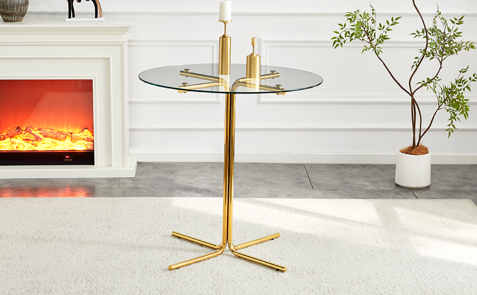 Round glass bar high table, 36 inch round bar table, tempered glass tabletop, sturdy gold chrome plated four column support, suitable for transparent round bar tables in small spaces, kitchens - Grand Goldman Shop