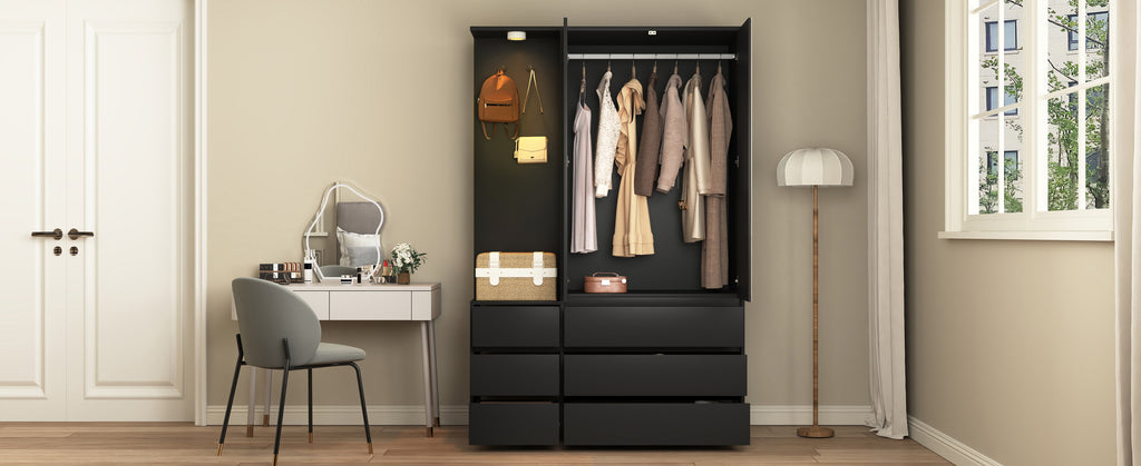 Wardrobe Closet 71.7' H, Bedroom Wooden Wardrobe with 2 Doors 6 Drawers, Modern Clothing Storage Cabinet Combination with Storage Shelves and Hanging Rail, Black - Grand Goldman Shop