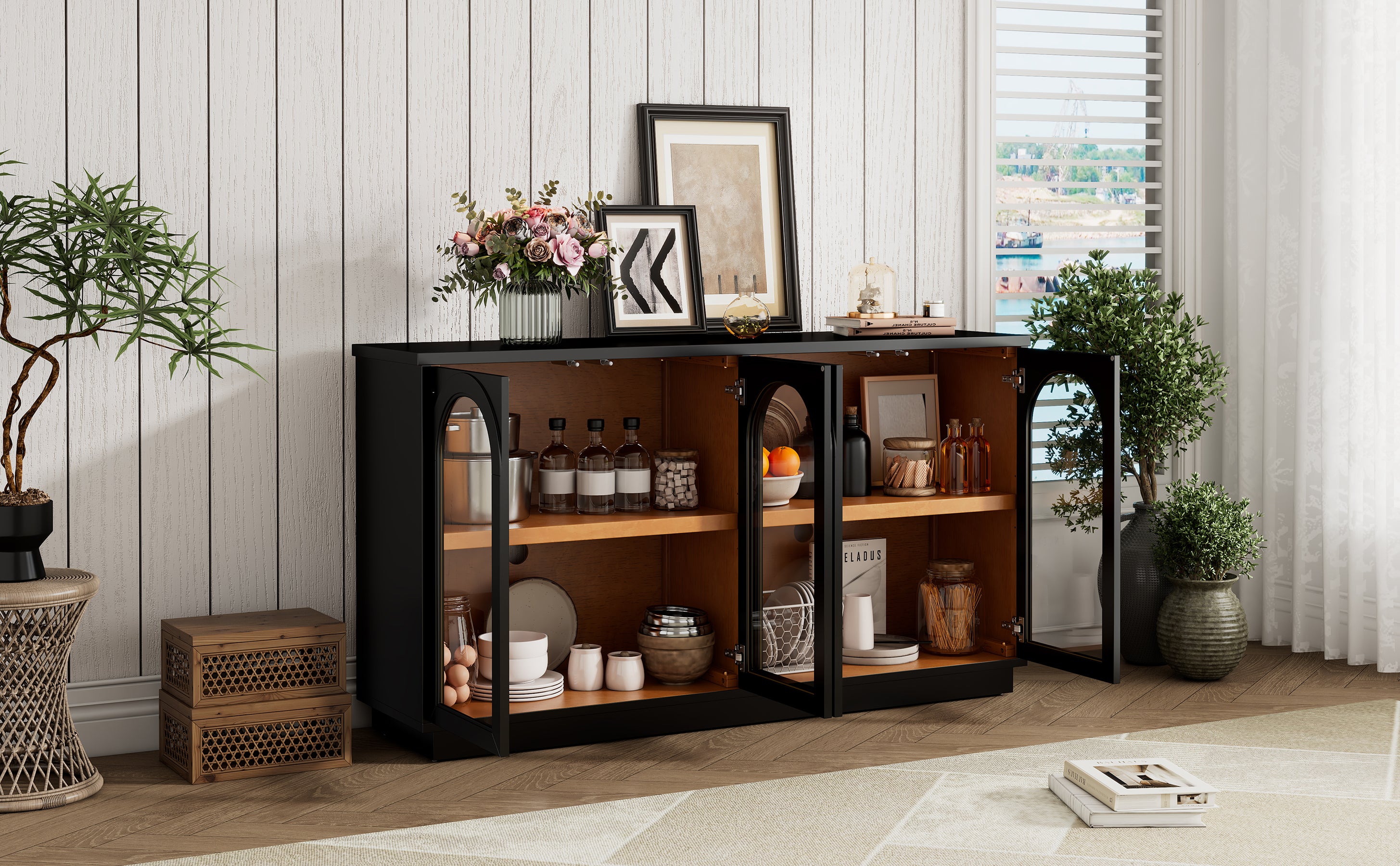 TREXM 4-Door Large Storage Buffet Cabinet with Glass Doors, Arched Cabinet with Adjustable Shelves for Kitchen, Dining Room and Living Room (Black) - Grand Goldman Shop