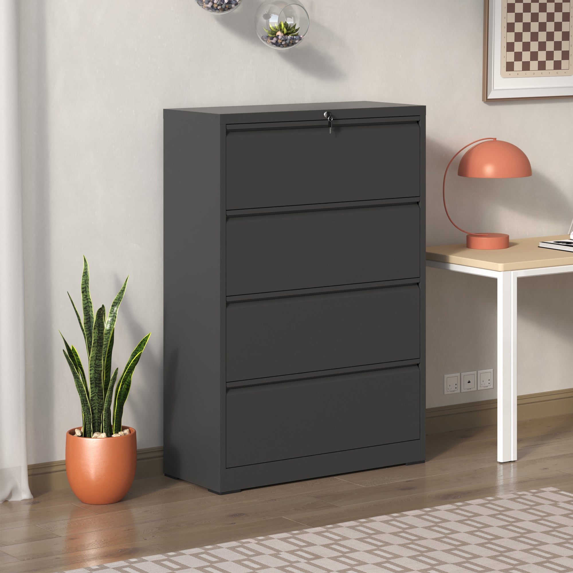 Modern Black 4-Drawer Lateral File Cabinet with Lock, Metal Filing Cabinet for Legal/Letter/A4/F4 | Premium Home Decor - Gran