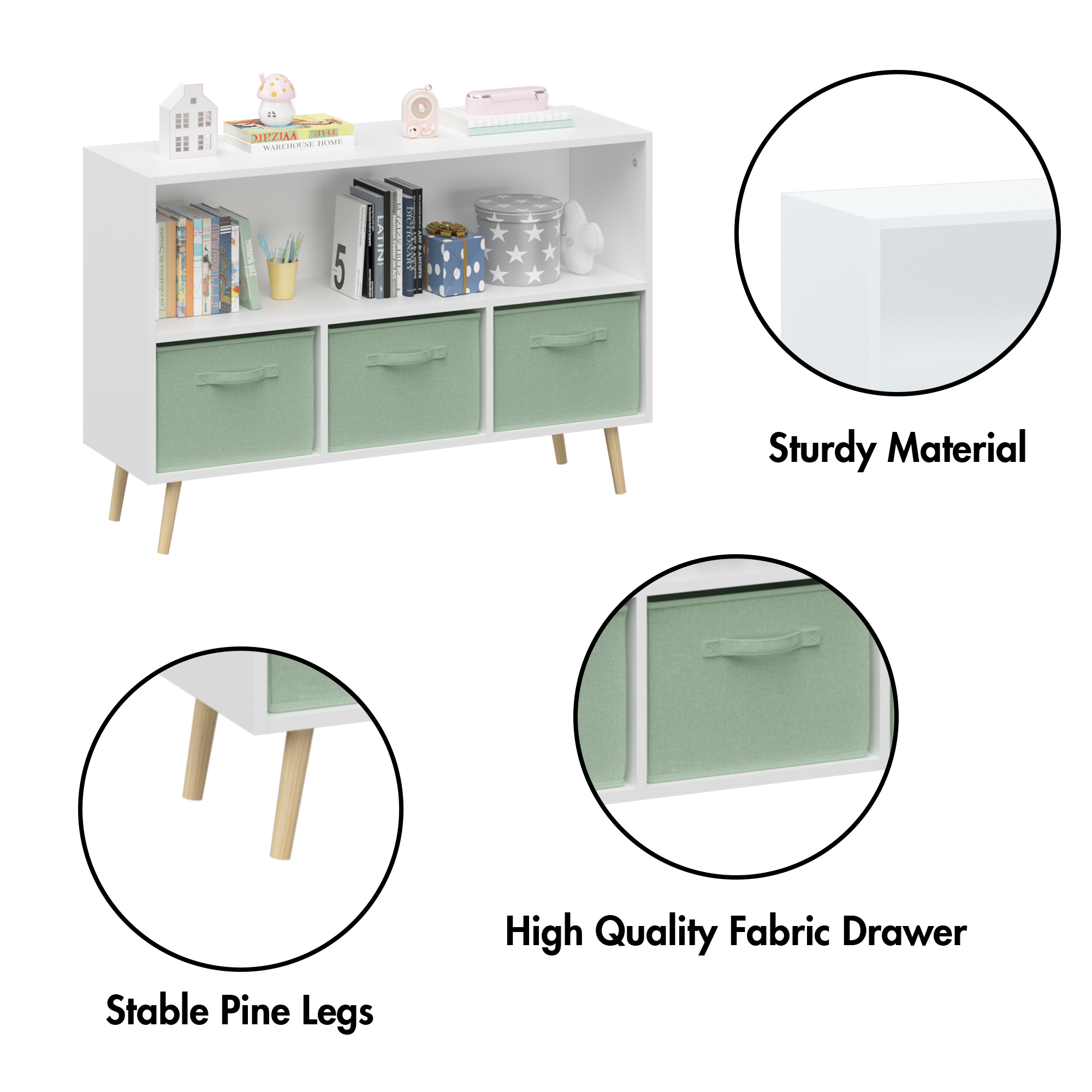 Kids bookcase with Collapsible Fabric Drawers, Children's Book Display, Toy Storage Cabinet Organizer, White/Green - Grand Go