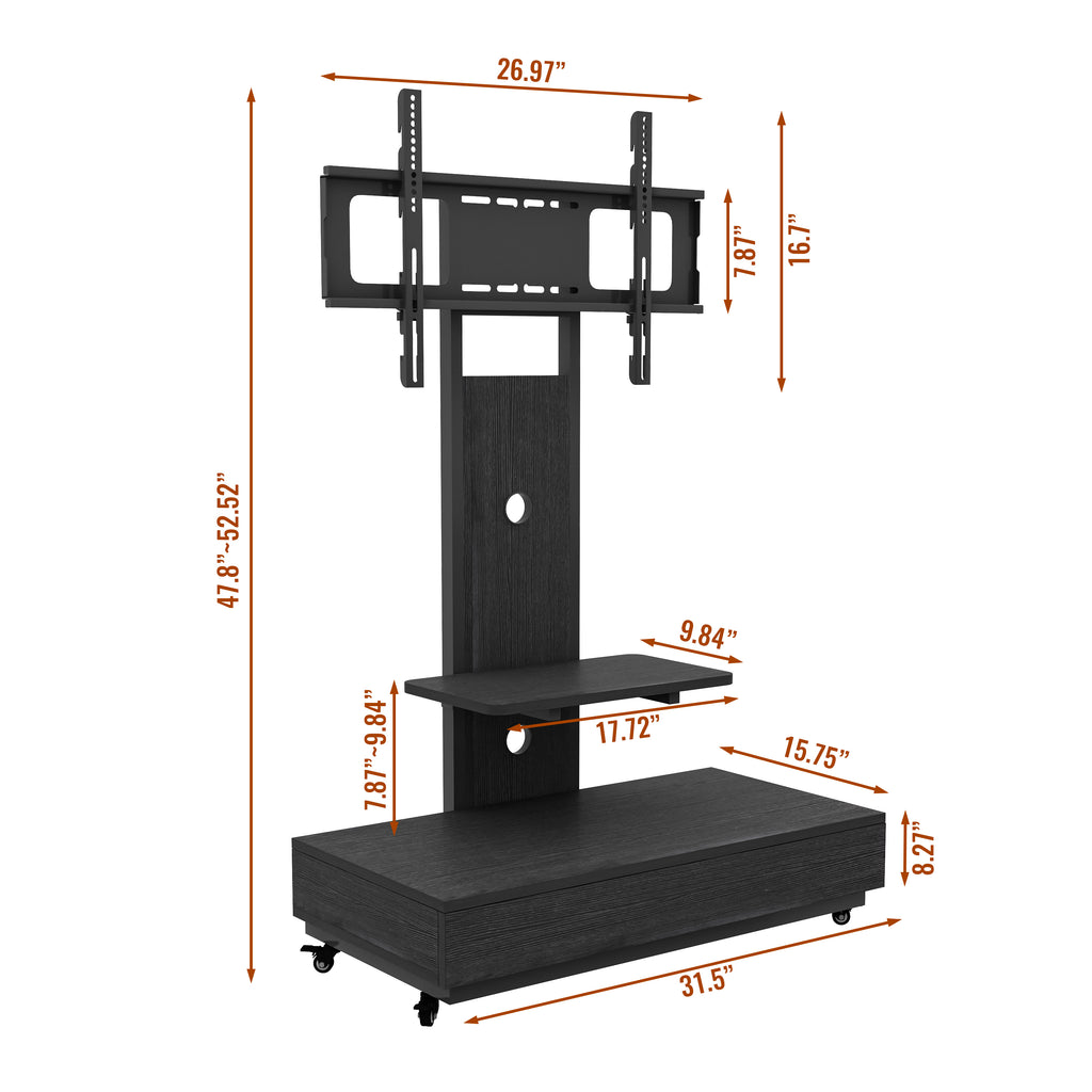 Mobile TV Cart with Push-Pull Drawer for 32-75 Inch TVs, Black MDF and Metal Stand with Lockable Wheels - Grand Goldman Shop
