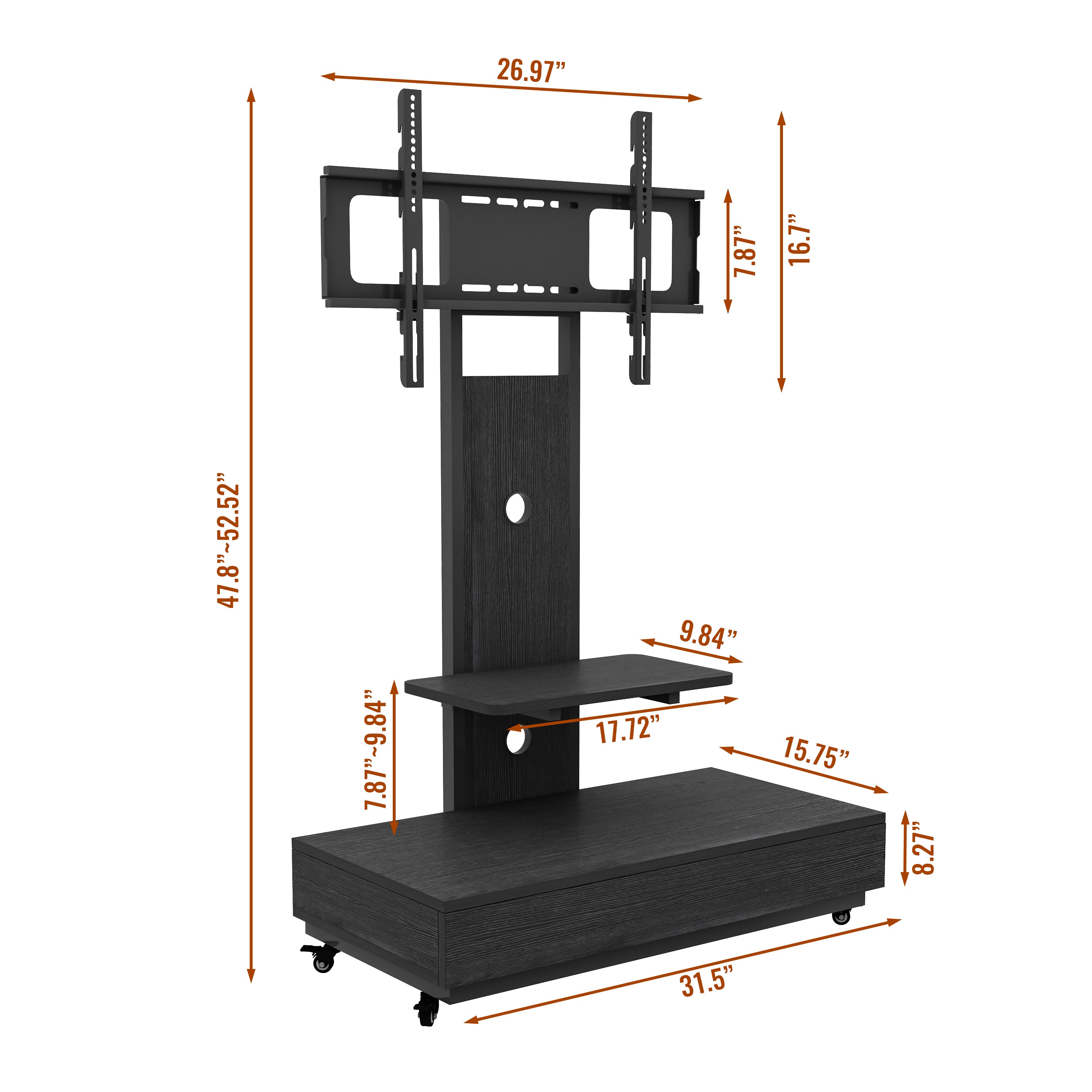 Mobile TV Cart with Push-Pull Drawer for 32-75 Inch TVs, Black MDF and Metal Stand with Lockable Wheels - Grand Goldman Shop