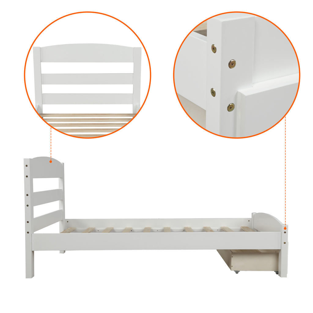 Classic Pine Wood Platform Twin Bed Frame with Storage Drawer, White Finish, No Box Spring Needed - Grand Goldman Shop