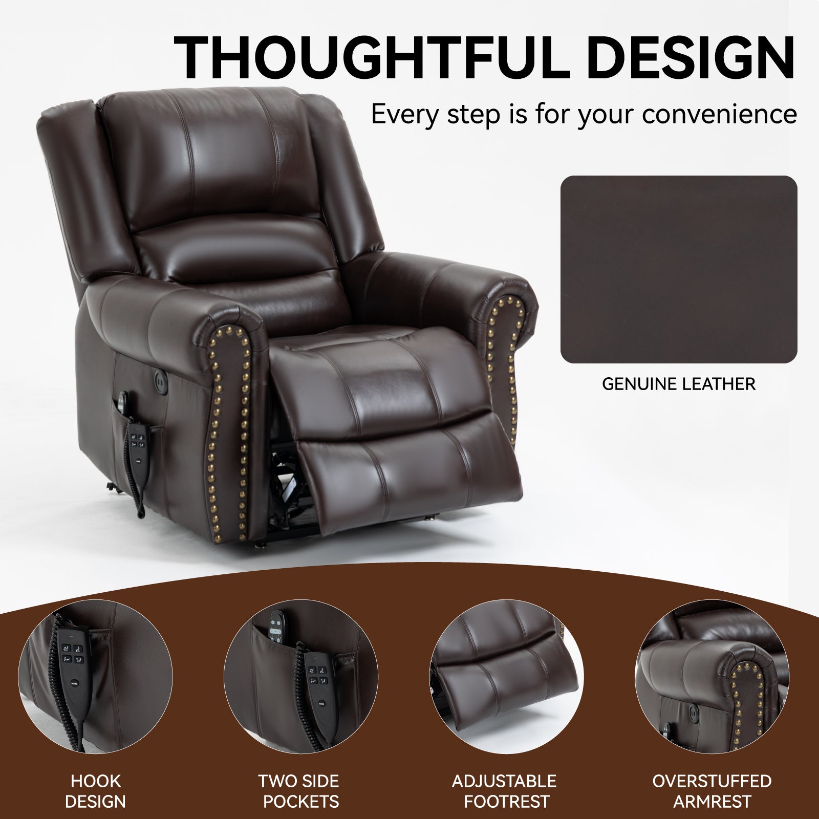 Power Lift Recliner Chair Heat Massage Dual Motor Infinite Position Up to 350 LBS, Faux Leather, Heavy Duty Motion Mechanism with USB Ports, Brown - Grand Goldman Shop