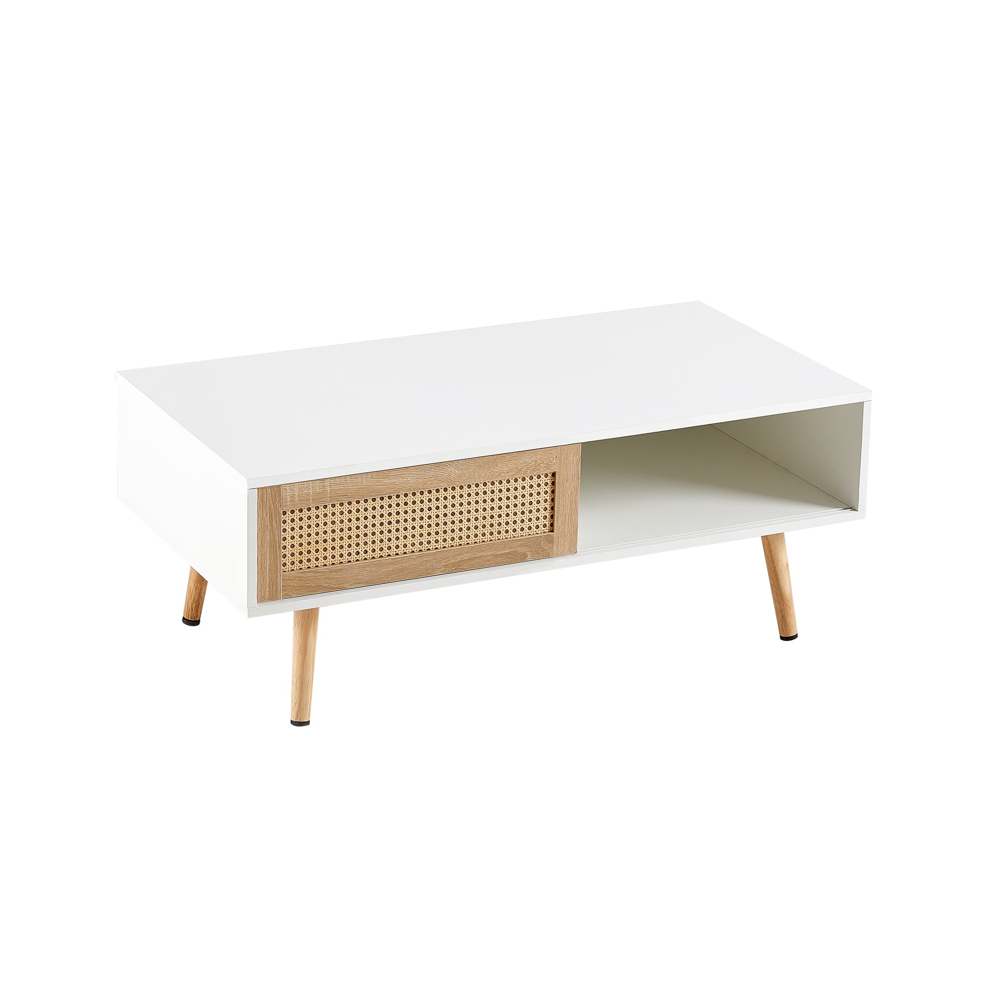 41.34' Rattan Coffee Table, Sliding Door for Storage, Solid Wood Legs, Modern Table for Living Room-White - Grand Goldman Shop