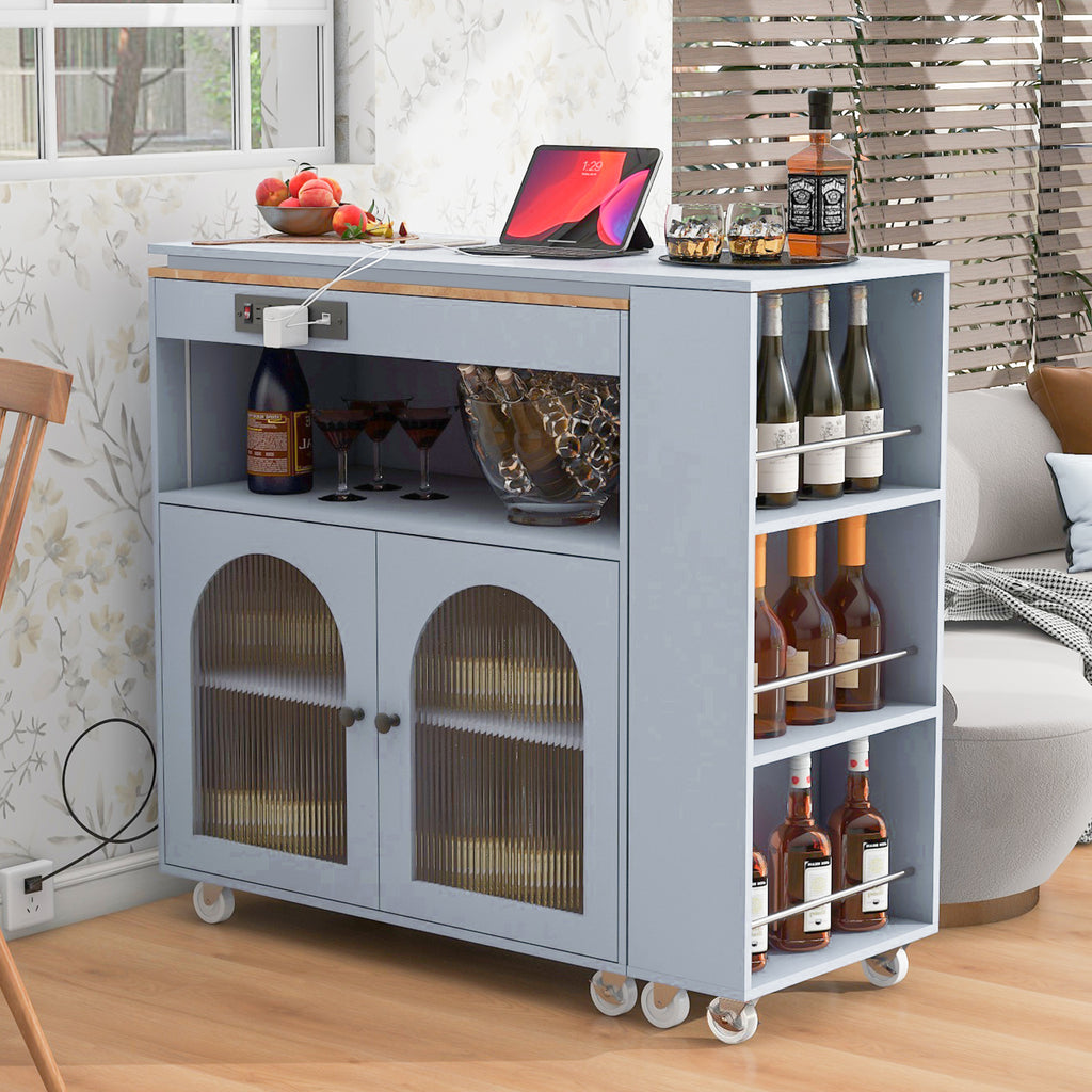 K&K Rolling Kitchen Island With Extended Table, Kitchen Island on Wheels with LED Lights,Power Outlets and 2 Fluted Glass Doors, Kitchen Island with a Storage Compartment and Side 3 Open Shelves, Grey - Grand Goldman Shop