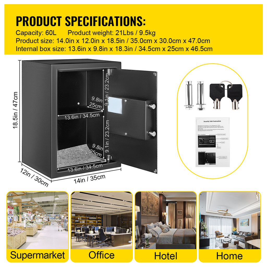 Safe Box, 2.1 CU.FT Fingerprint Safe Box for Money w/ 2 Keys & Digital Keypad, Q235 Steel Safe Box for Storing Cash, Jewelry,