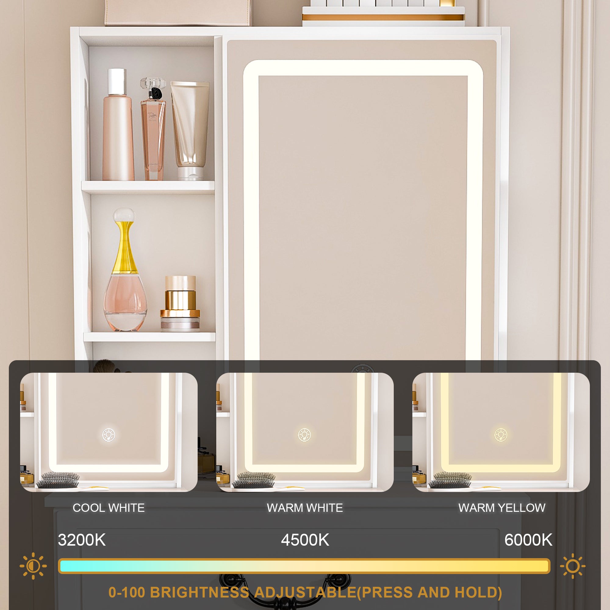 Modern Mini Dressing Table with LED-lit Mirror & Hidden Storage, Adjustable Brightness Vanity Desk, White - Grand Goldman Shop