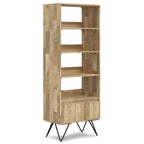 Hunter Tall Bookcase in Natural Finish with Black Metal Legs, Solid Mango Wood, 14D x 24W x 64H inches | Premium Home Decor -