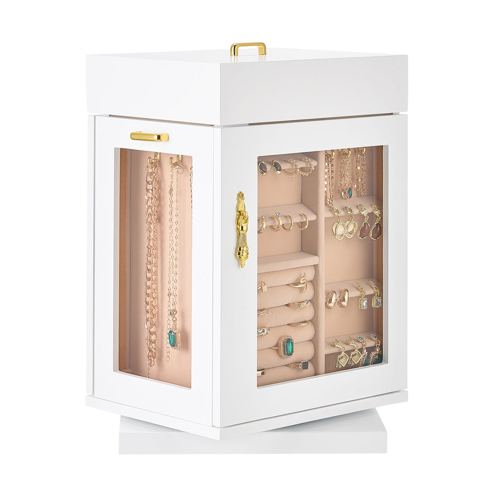 Jewelry Box 360° Rotating Jewelry Organizer with Built-in 4 Necklace Hooks White - Grand Goldman Shop